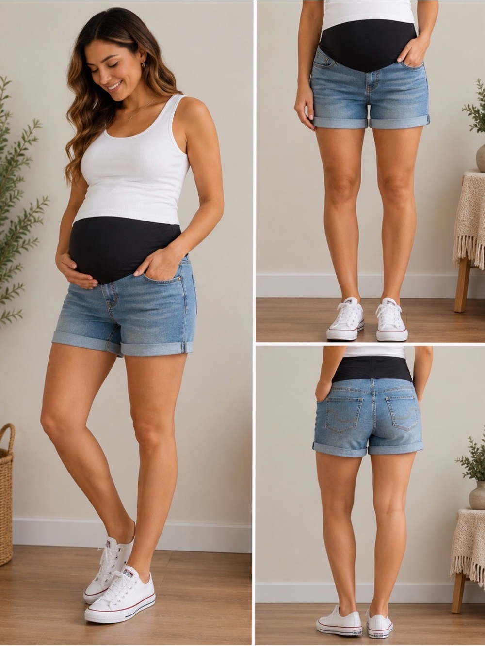 Signature Light Blue Maternity Jean Shorts with Black Support Panel